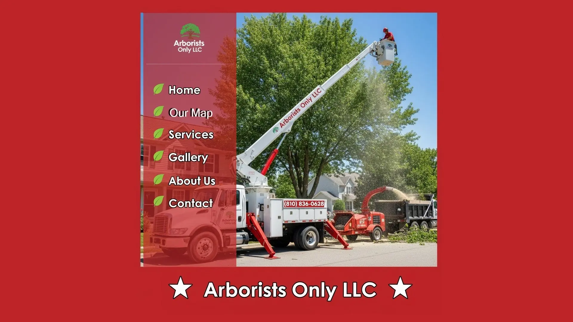 Arborists Only LLC bucket truck with overlayed menu links