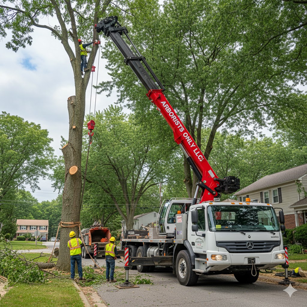 Arborists Only LLC crew safely lowering a large tree section with a crane